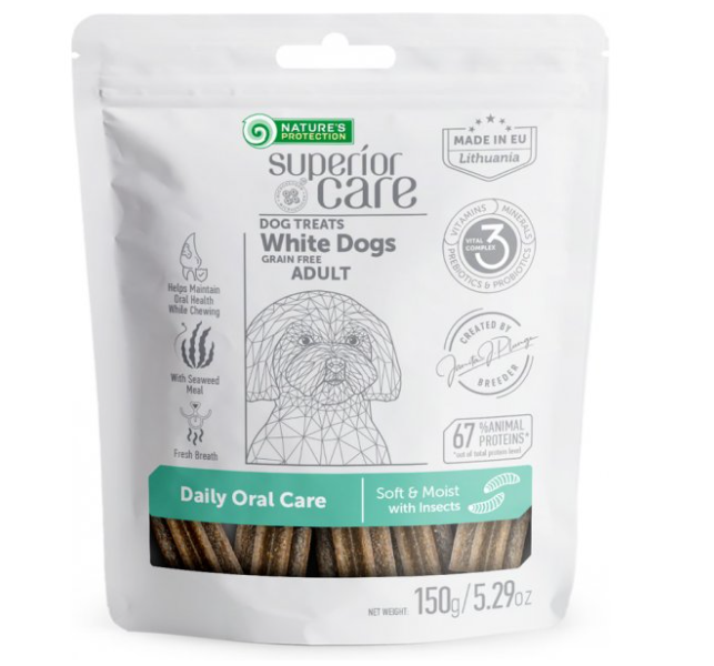 חטיף נייצר פרוטקשן לכלבים לבנים להיגיינת פה עם חרקים 150 גרם