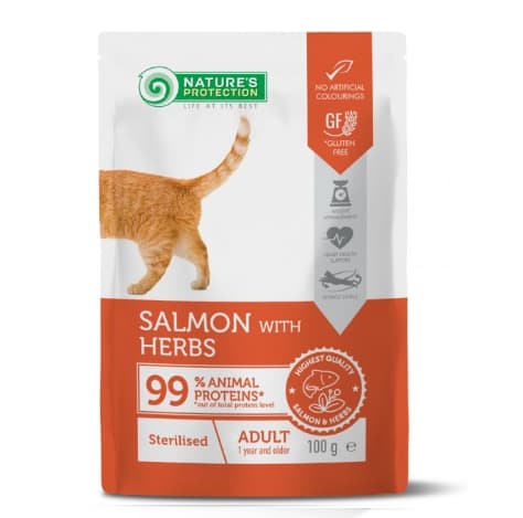 נייצ’רס פרוטקשן פאוץ’ מזון רטוב לחתול עם סלמון ועשבי תיבול, סטרילייז 100 גרם