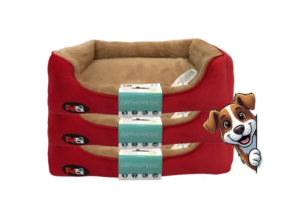 פטקס מיטה אורטופדית לכלבים צבע אדום עם פרווה בצבע חום