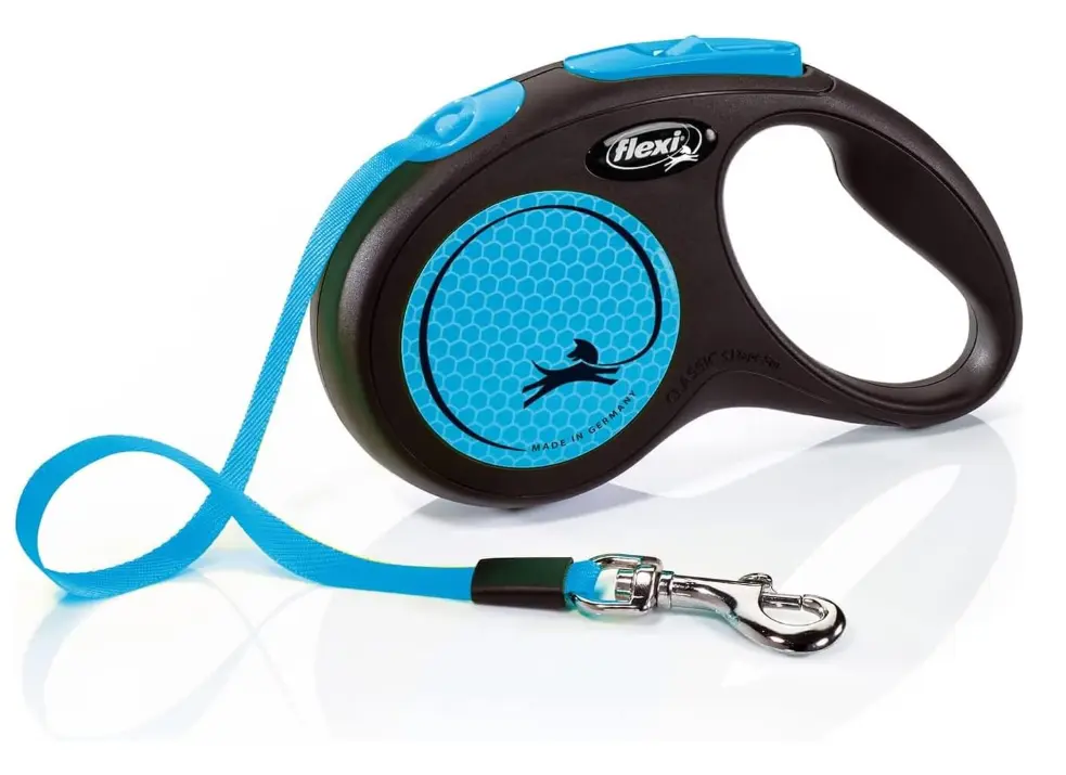 רצועה-פלקסי ניו נאון כחולה במגוון מידות לכלבים בכל הגדלים