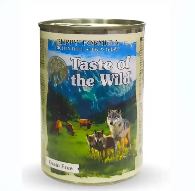 שימורים לגורי כלבים טייסט אוף דה וויילד 390 גרם עם תבשיל בקר ברוטב ללא דגנים