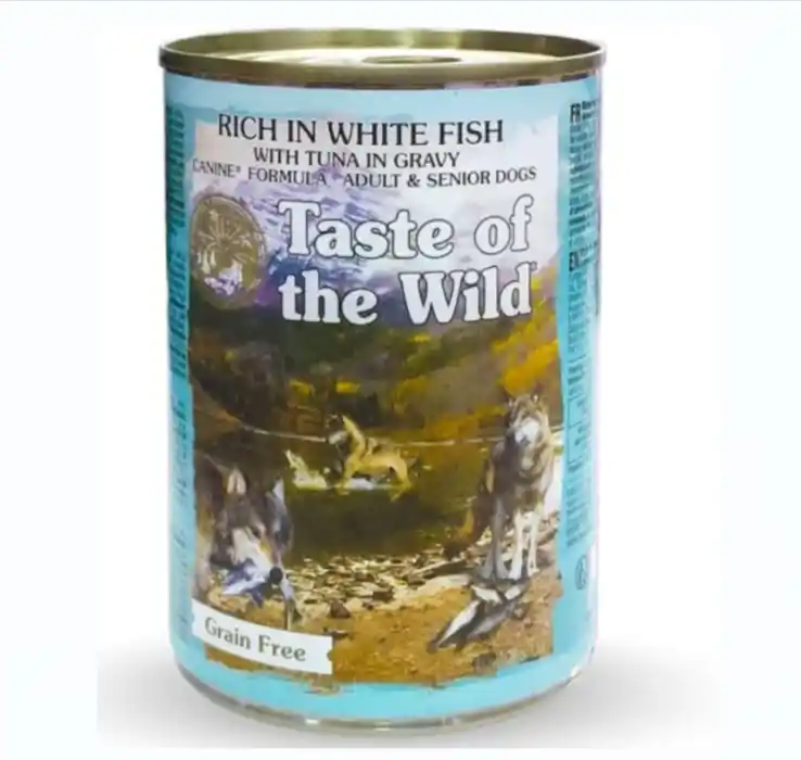 שימורים לכלבים טייסט אוף דה וויילד 390 גרם עם דגים לבנים וטונה ברוטב ללא דגנים