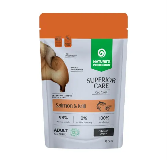 נייצרס פרוטקשן סופריור קר פאוץ מזון רטוב מלא לכלבים בוגרים עם פרווה אדומה סלמון וקריל 85 גרם