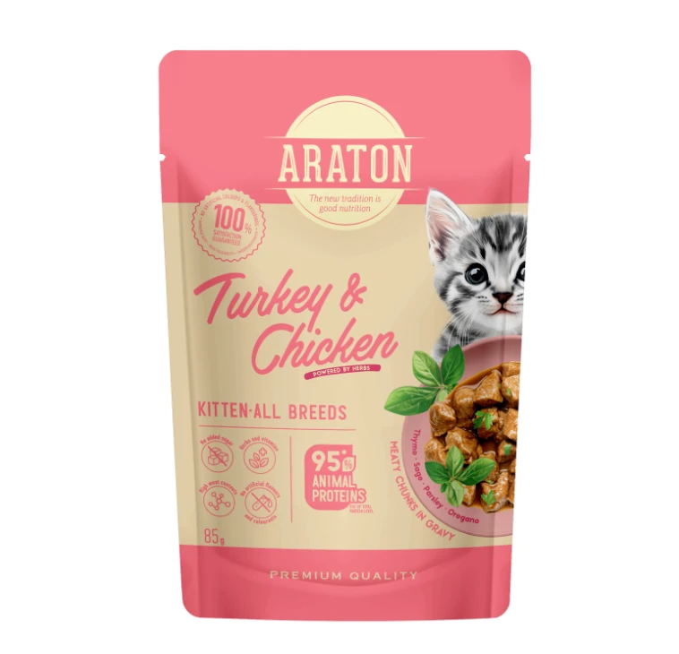 פאוץ אראטון לגורי חתולים מזון רטוב מלא עם הודו ועוף ברוטב 85 גרם