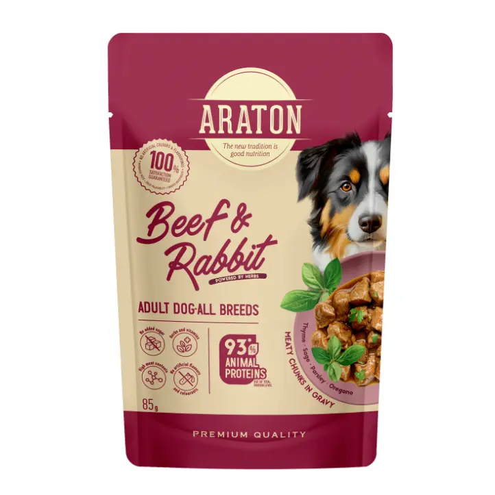 פאוץ אראטון לכלבים בוגרים מזון רטוב מלא עם בקר וארנבת ברוטב 85 גרם
