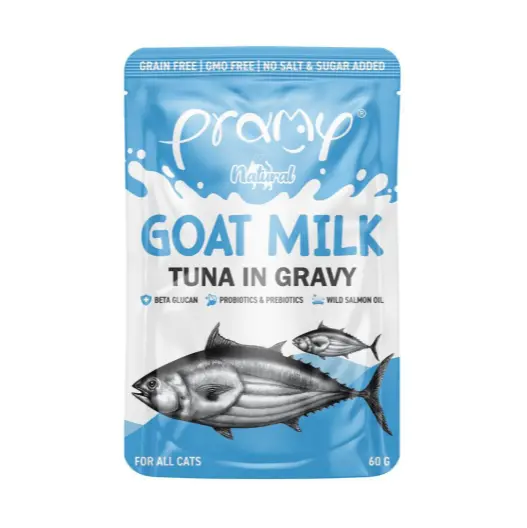 פראמי פאוץ חתול- טונה וחלב עיזים ברוטב 60 גרם